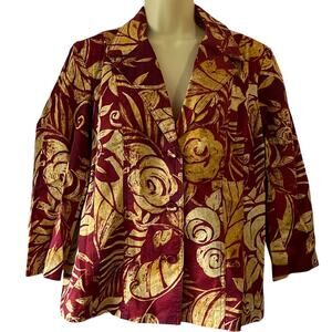 Chico’s 2 Leaf Print Cotton Blend Jacket blazer Woman Size 12 Unlined 3/4 Sleeve